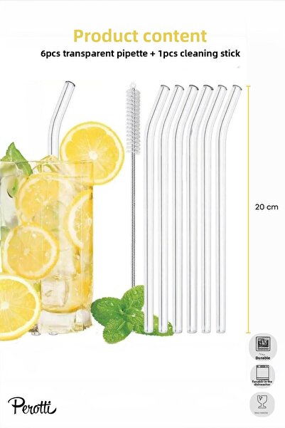 Perotti 6-Piece Transparent Glass Beveled Borosilicate Straws - Heat Resistant, Cleaning Brush Included