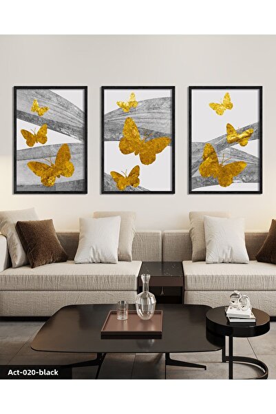 Evinemoda Gold Butterflies Abstract Background 3 Piece Black Wooden Framed Painting Act