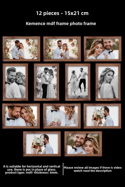 Bytwo 12 Pieces 15x21 MDF Photo Frame - Kemenç Wood and PVC Detailed, A5 Size