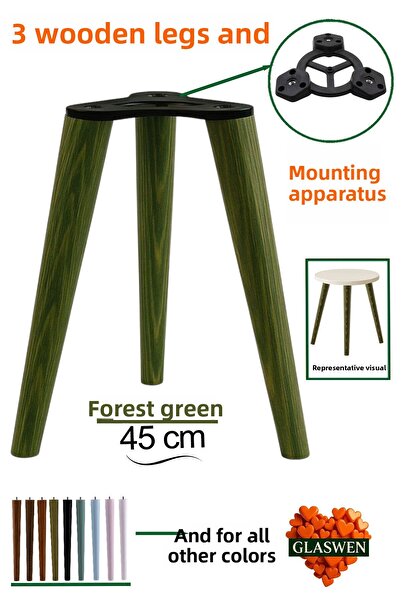 GLASWEN 3 bucăți picioare din lemn 45 cm verde pădure cu șuruburi M8 și acces...