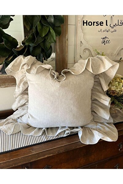 EVYA 100% Cotton Raw Linen Ruffled Vintage Throw Pillow Cover 43x43 cm