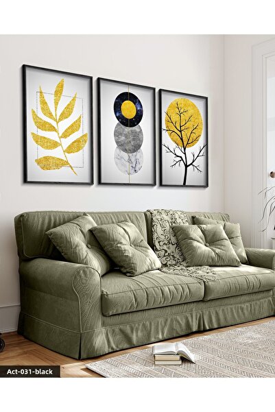 Evinemoda Gold Abstract Patterns 3 Piece Black Wood Framed Painting Act