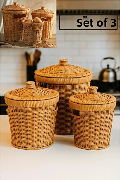 Bayev 3-Piece Wicker Set 3 Sizes Wicker Lid Potato Onion Kitchen Presentation Crisper Basket Decor Umbrella Holder