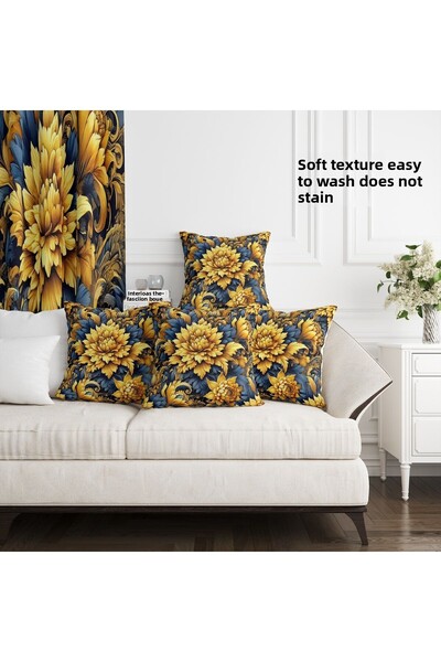 Ahsen Dekoratif 43X43 Digital Printing Yellow-Navy Blue Baroque Floral Pattern Throw Pillow Cover
