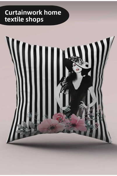 PerdeYap1980 Women And Flowers Patterned 4-Piece Digital Printed Throw Pillow Cover 001