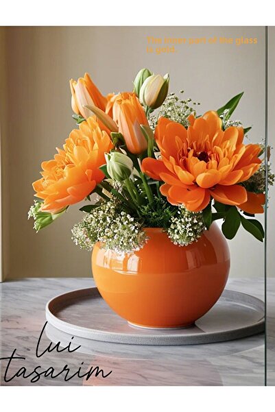 Lui Tasarım جرة زجاجية مطلية بالذهب باللون البرتقالي - مزهرية زجاجية مزخرفة م...