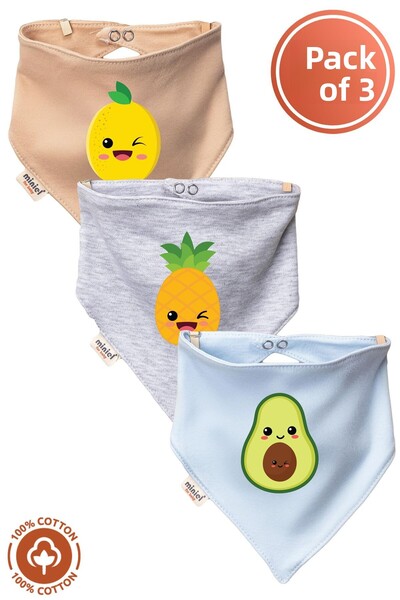 Miniel Unisex Baby Newborn Combed Organic Cotton Fruit Printed Baby Bib Set of 3