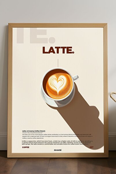 Duvarda Poster cu ramă din lemn natural, cu tematică cafea latte, pictură dec...