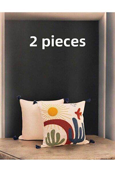 Felluci textile وسادة رمي مطرزة بنش شمس 43×43 قطعتين