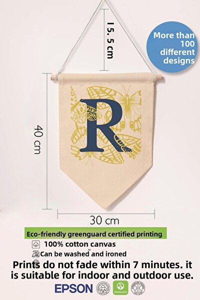 Postifull Kids Room Decor, Wall Ornament, Wooden Baby Room Decor, Canvas Pennant, Navy Blue and Yellow Floral Pattern