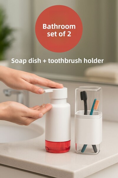 Open Home Concept Σετ 2 πρακτικών δοχείων υγρού σαπουνιού και θήκης οδοντόβουρτσας σε λευκό χρώμα