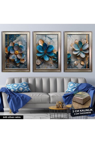 Evinemoda Blue Flower 3 Piece Framed Painting Cvplk