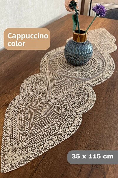 SosyeteDükkanı نموذج البحر الأبيض المتوسط ​​كابتشينو - لون القهوة بالحليب بيضاوي جاف رانر مزين بتفاصيل دانتيل مطرزة (115 × 35 سم)