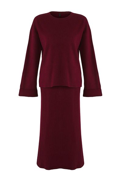 Trendyol Collection Burgundy Turtleneck Girdle Detailed Sweater-Pants Knitwear Bottom - Top Set Twoaw26Au00019