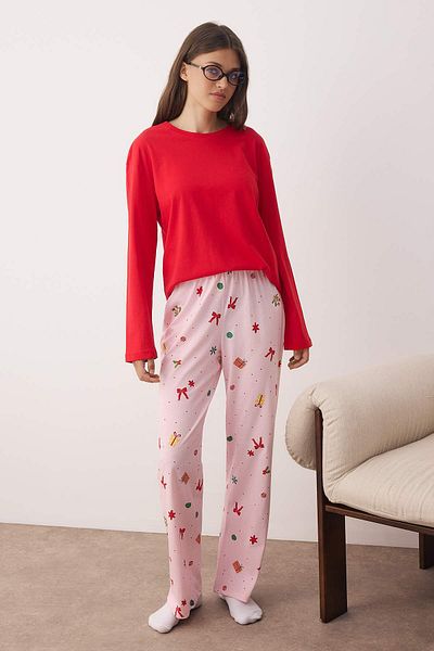 Trendyol Collection Red-Ecru 100% Cotton New Year Themed Knitted Pajama Set Thmaw26Pt00059