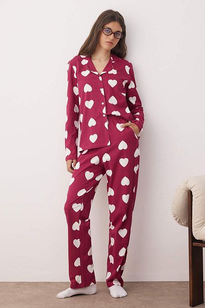 Trendyol Collection Plum 100% Cotton Heart 30/1 Openend Single Jersey Knitted Pajamas Set Thmaw24Pt00253