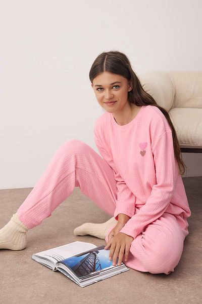 Trendyol Collection Pink Heart Embroidered Rib Soft Tuuse Winter Knitted Pajamas Set Thmaw26Pt00094