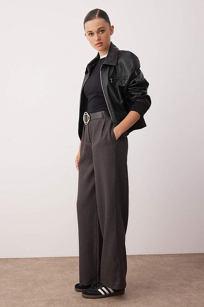 Trendyol Collection Gray Belted Wide Leg/Wide Leg Thick Fabric Trousers Twoaw26Pl00033