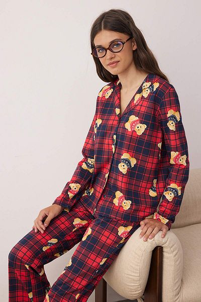 Trendyol Collection Navy Blue-Red Plaid Panda Pattern Knitted Pajamas Set Thmaw26Pt00049