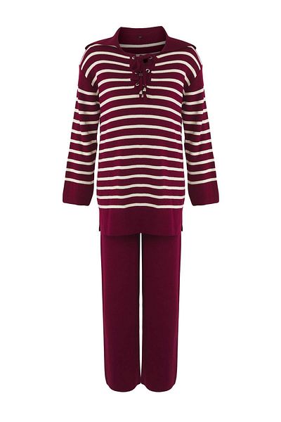 Trendyol Modest Burgundy Striped Collar Binding Detailed Sweater-Pants Knitwear Top and Bottom Set Tctaw24Us00080