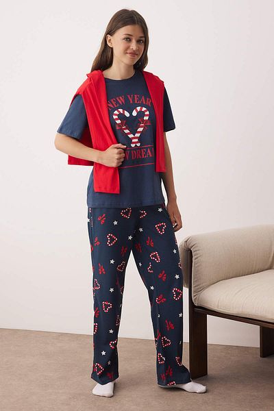 Trendyol Collection Navy Blue New Year Themed Heart Knitted Pajama Set Thmaw26Pt00048