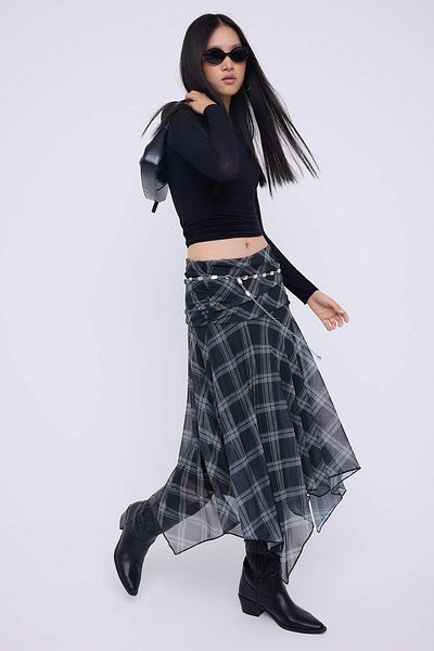 Trendyol Collection Teen Multicolor Plaid Printed Skater Asymmetric Hem Detail Stretchy Knitted Skirt Twoaw26Et00037