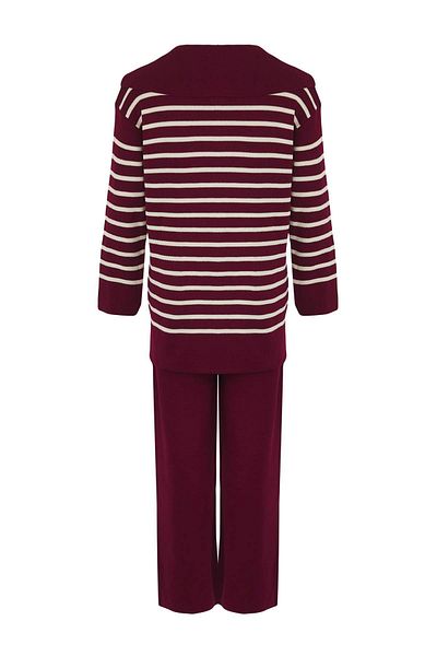 Trendyol Modest Burgundy Striped Collar Binding Detailed Sweater-Pants Knitwear Top and Bottom Set Tctaw24Us00080