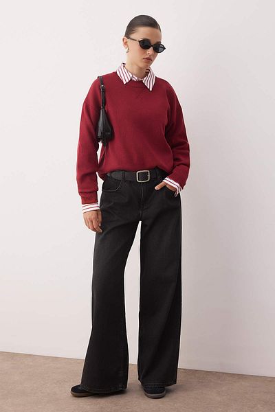 Trendyol Collection Dark Red Viscose Content Wide Fit Basic Knitwear Sweater Twoaw26Kz00127