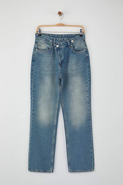 Trendyol Collection Blue High Waist Asymmetric Closure Straight Jeans Twoaw26Je00132