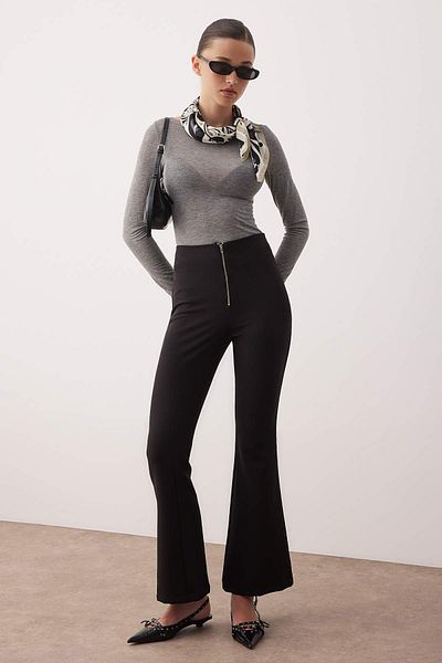 Trendyol Collection Black Flare Zipper Detail Pants Twoaw26Pl00049