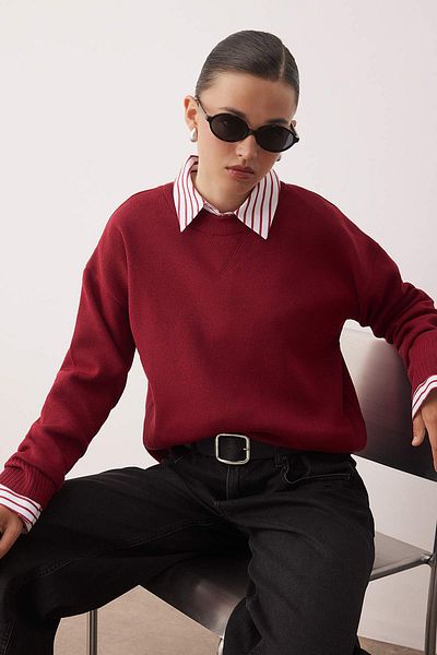 Trendyol Collection Dark Red Viscose Content Wide Fit Basic Knitwear Sweater Twoaw26Kz00127
