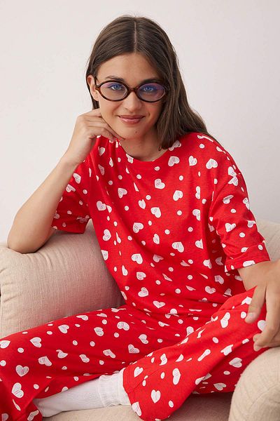 Trendyol Collection Red 100% Cotton Heart Knitted Pajamas Set Thmss24Pt00372