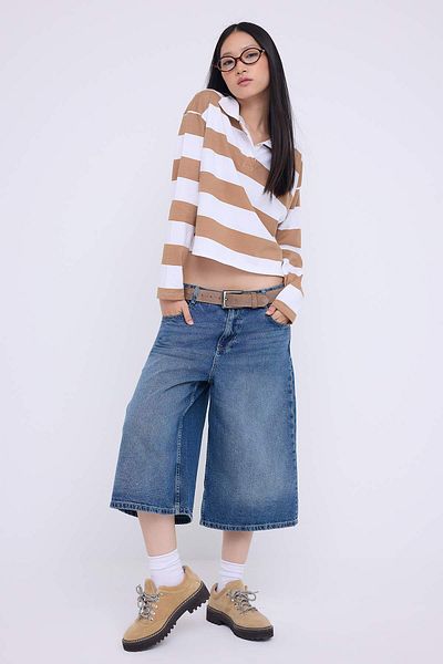 Trendyol Collection Teen Mink Striped Polo Collar Relaxed Crop/Comfortable Short Knitted T-Shirt Twoaw26Ts00011