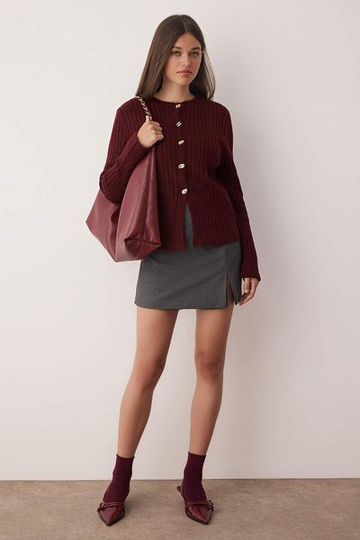 Trendyol Collection Burgundy Button Detailed Soft Textured Slit Detailed Knitwear Cardigan Twoaw26Hi00096