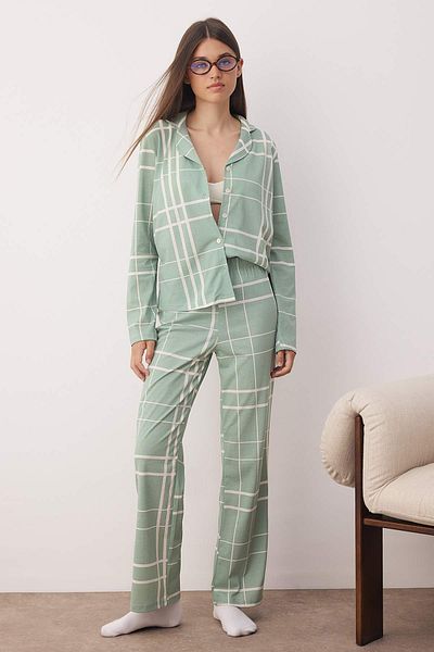 Trendyol Collection Mint Plaid Knitted Pajamas Set Thmaw26Pt00049