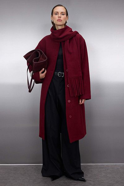 Trendyol Collection Burgundy Shawl Detailed Mono Closure Oversize Long Cashmere Coat Twoaw26Kb00041