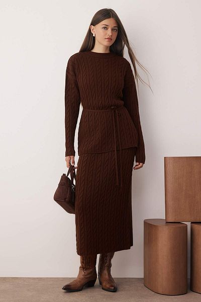 Trendyol Collection Brown Wide Fit Cardigan-Skirt Knitwear Bottom-Top Set Twoaw26Au00055
