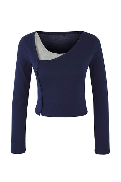 Trendyol Collection Teen Navy Blue-Grey 2-Piece Set Asymmetric Collar Buttoned Body-Fitting Stretchy Knitted Blouse Twoaw26Bz00042