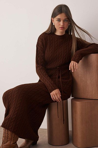 Trendyol Collection Brown Wide Fit Cardigan-Skirt Knitwear Bottom-Top Set Twoaw26Au00055