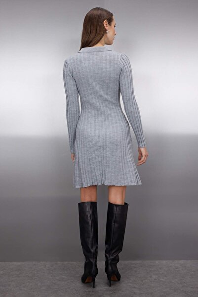 Trendyol Collection Gray Plain Mini Polo Neck Twill Soft Textured Knitwear Dress Twoaw26El00014