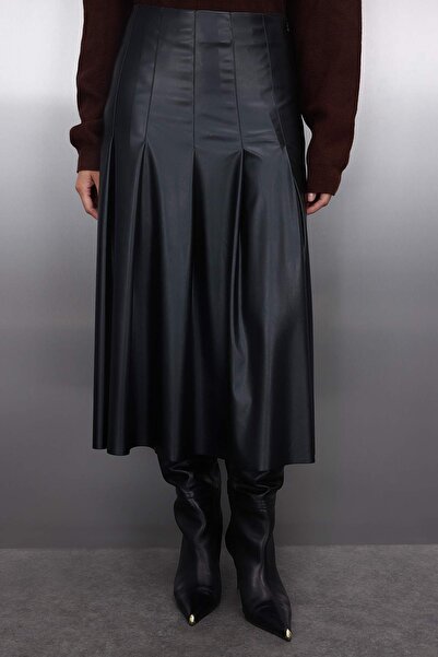 Trendyol Collection Black Faux Leather Pleated Woven Midi Skirt Twoaw26Et00029