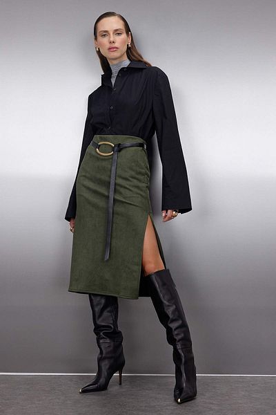 Trendyol Collection Khaki Suede Midi Pencil Knitted Skirt Twoaw26Et00018