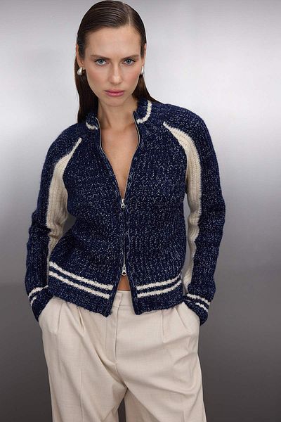 Trendyol Collection Navy Blue Soft Textured Zippered Knitwear Cardigan Twoaw26Hi00154