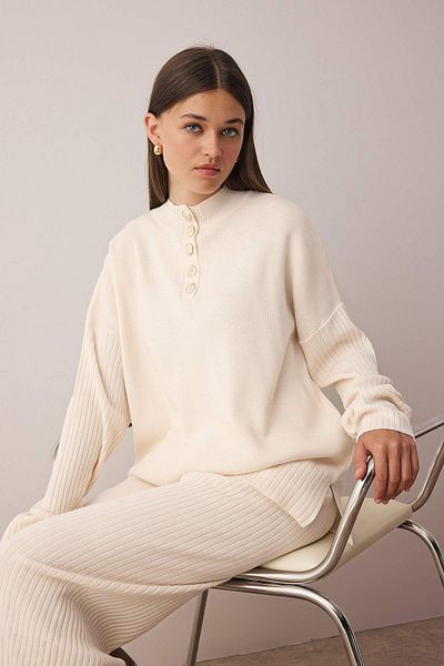 Trendyol Collection Stone Stand Collar Button Detail Sweater-Pants Knitwear Bottom - Top Set Twoaw26Au00016
