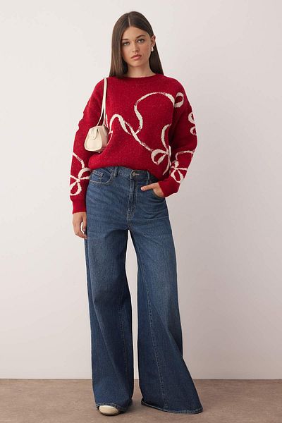 Trendyol Collection Red New Year Themed Soft Textured Glitter Patterned Knitwear Sweater Twoaw26Kz00175
