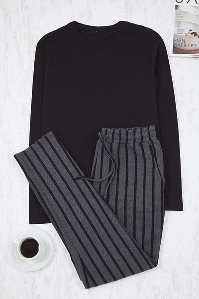 Trendyol Collection Black - Anthracite Regular Fit Striped Textured Knitted Pajama Set Tmnaw26Pt00006