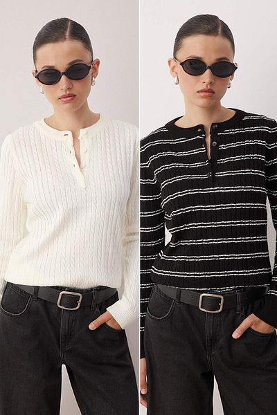 Trendyol Collection Black-Ecru*001 Crew Neck 2-Piece Knitwear Sweater Twoaw26Kz00187
