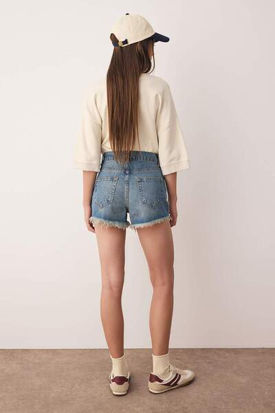 Trendyol Collection Blue Ripped High Waist Mini Denim Shorts Twoss23Sr00278