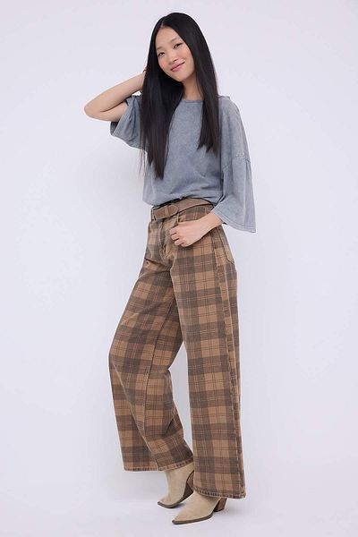 Trendyol Collection Teen Multi-Colored Regular Waist Plaid Wide Leg Jeans Twoaw26Je00024
