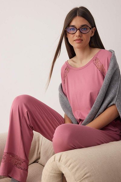 Trendyol Collection Dusty Rose Straight Lace Detail Viscose Single Jersey Knitted Pajamas Set Thmaw26Pt00038
